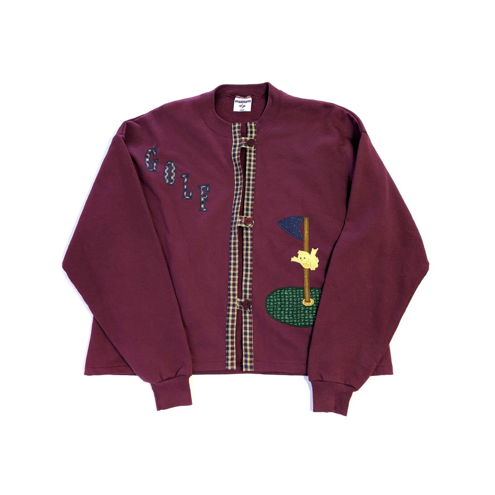Vintage Jerzees NuBlend Maroon Golf Cardigan Sweatshirt Plaid Trim Bird Large